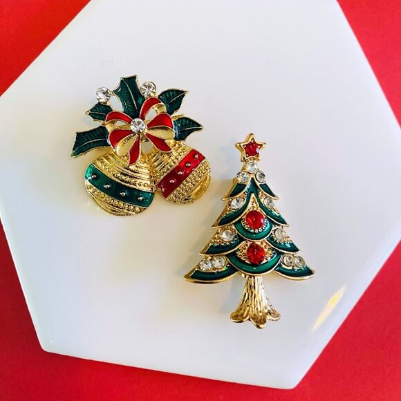 Christmas Tree Brooch Red and Green Small - Picture 1 of 3
